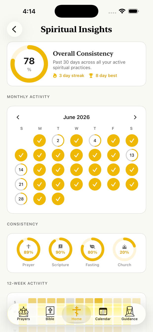 Spiritual insights showing consistency and streaks
